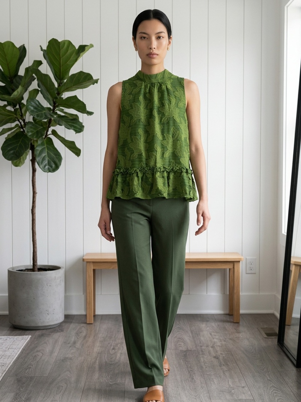 Anthropologie Olive Green Sleeveless Ruffle-Hem Top and Trousers Set